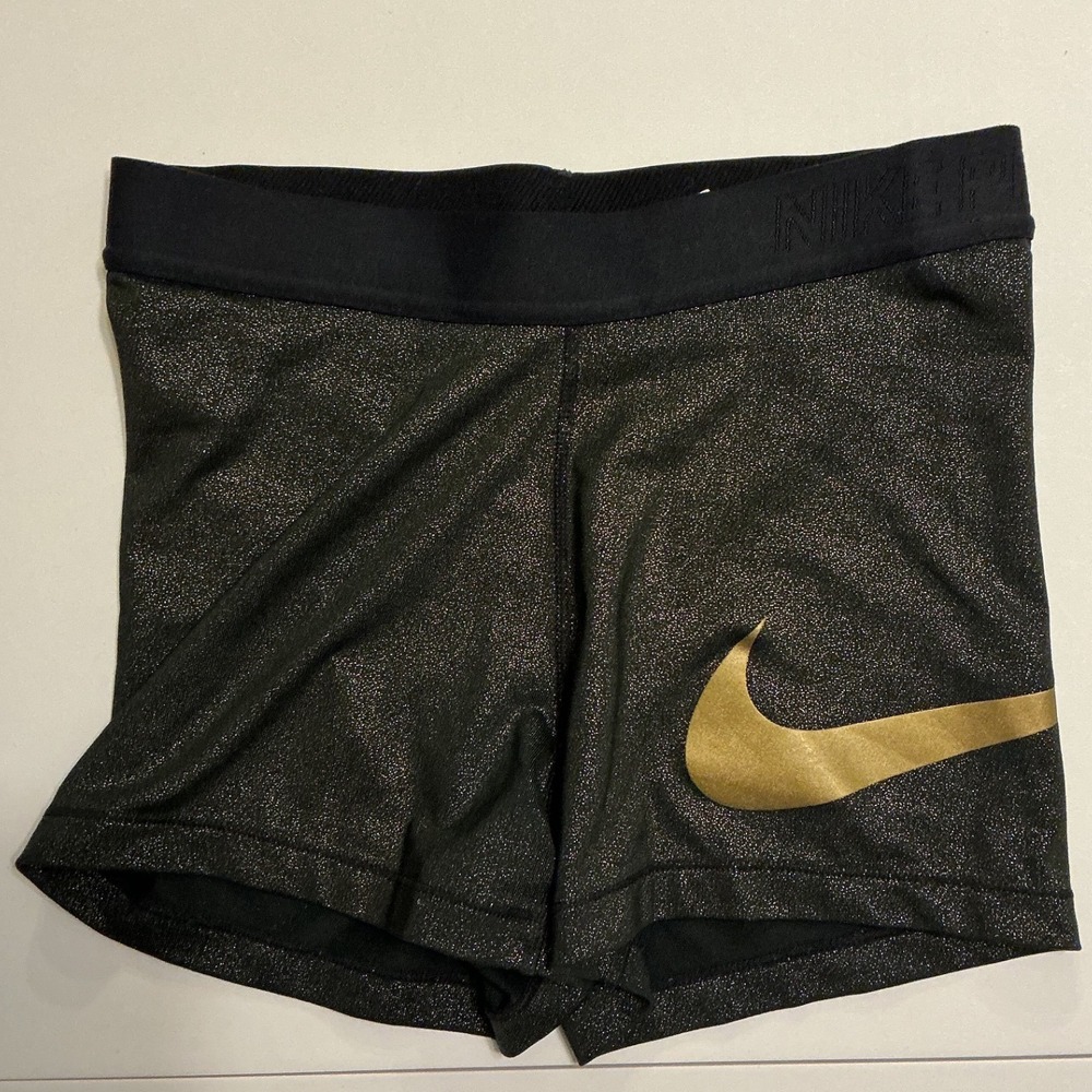 Nike Pro Metallic‎ Sparkle Black Gold Swoosh Compression Micro Shorts Women